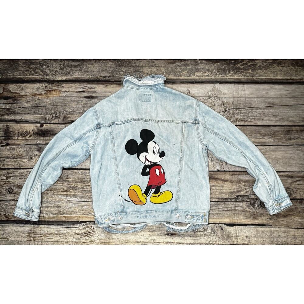 Pull Bear Mickey Mouse Disney Denim Jacket Womens Small Cropped Distressed